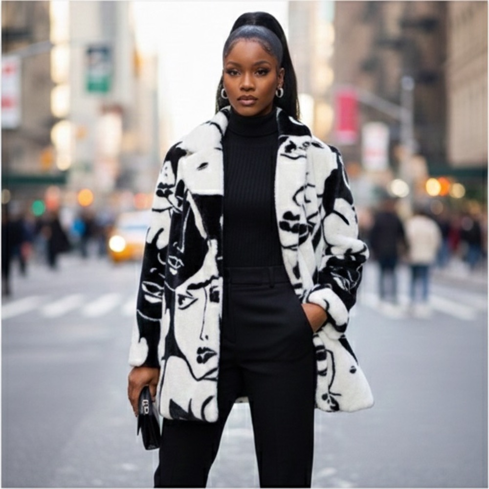 Vtg 80s 90s Regal Plush Collection Faux Fur Black‎ White Faces Abstract Coat NEW - Picture 2 of 10